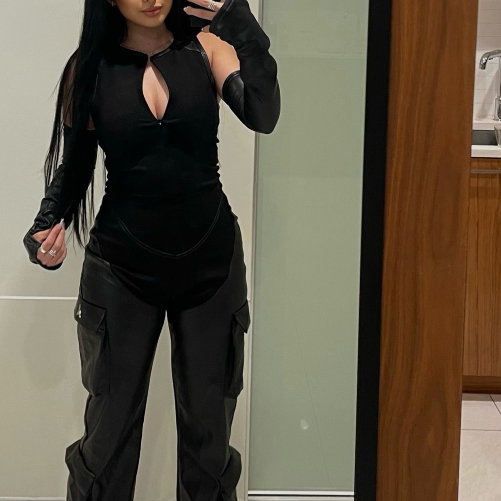 Maniere de voir black vegan leather cargo jumpsuit